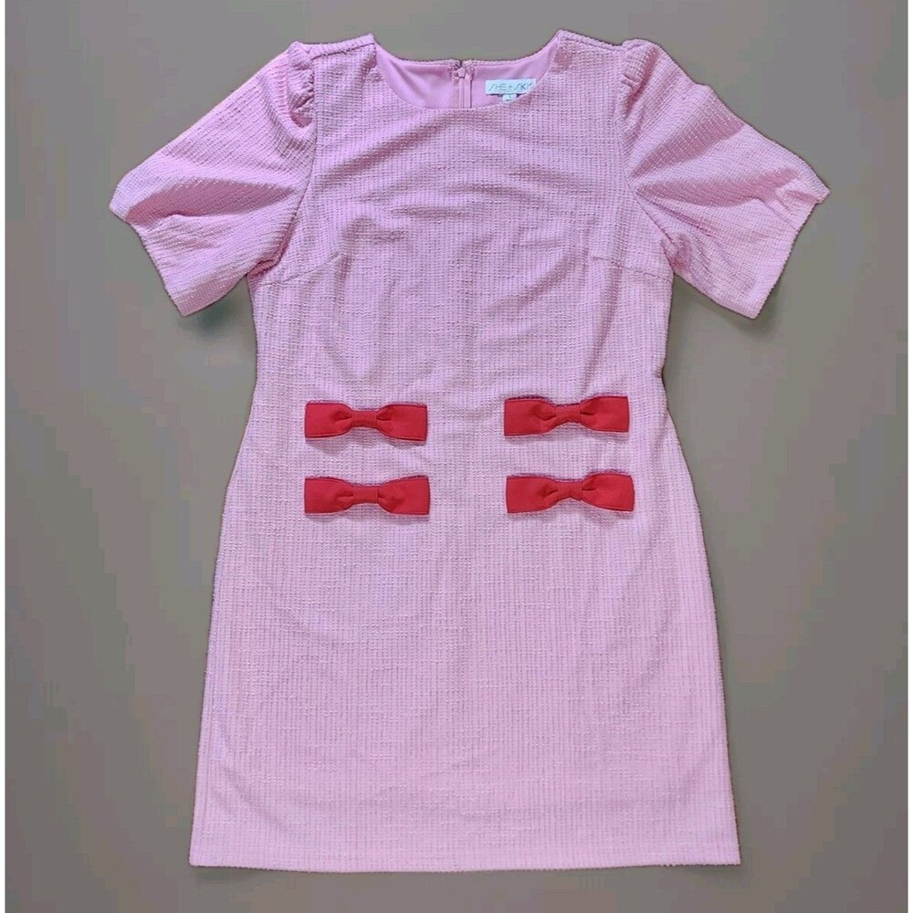 NEW She + Sky Pink Tweed Mini Dress with Red Bows - Size Large